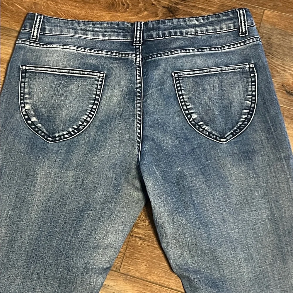 Sz 13 Cleo Blue Straight Leg Jeans with Floral and Distressed Details - Picture 3 of 7